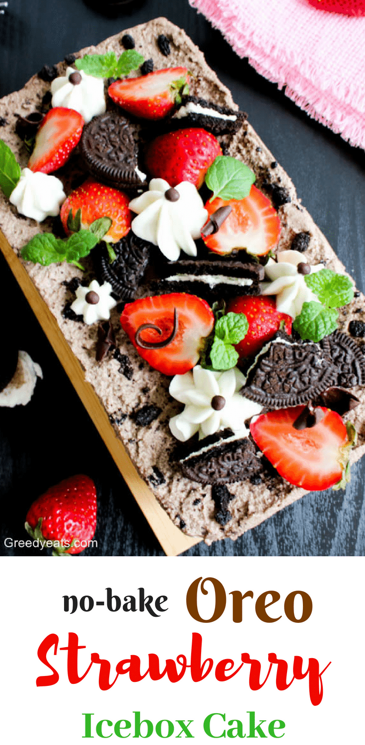 A perfect oreo strawberry icebox cake recipe layered with strawberries, oreo cookies, vanilla and chocolate cream. Topped with strawberries, more cookies and piped whipped cream