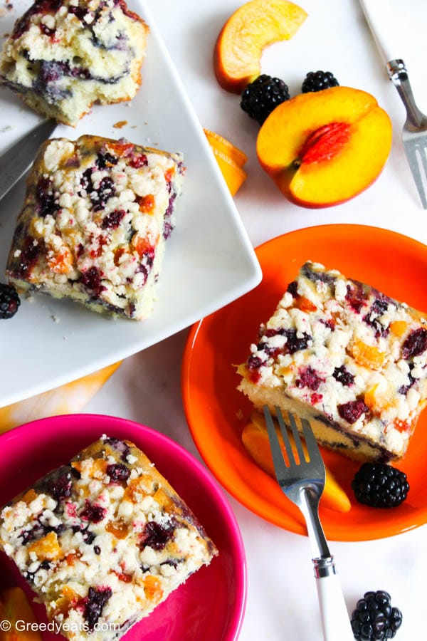 Moist and buttery coffee crumb cake with peach and berry flavors