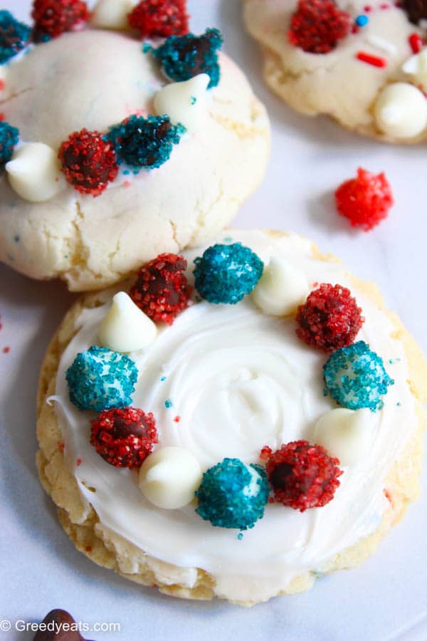 Frosted wreath cookies with cake mix, blue, white and red chocolate chips