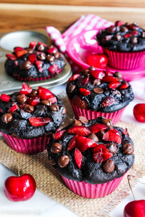 Healthy chocolate muffins recipe with fresh cherries and chocolate chips.