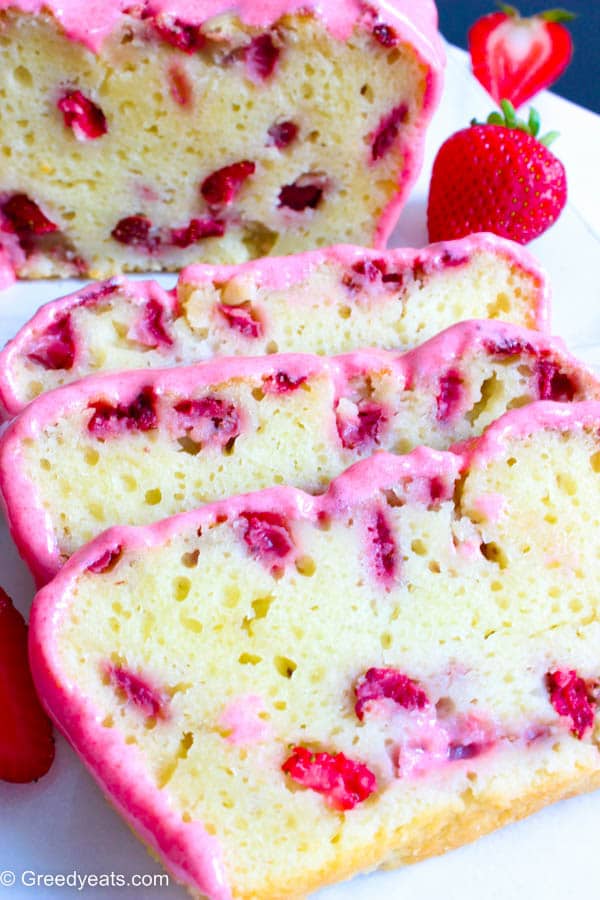 Fresh Strawberry Bread made with sour cream covered in fruity strawberry glaze