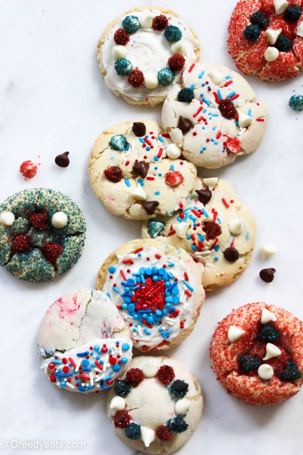 4th of july cookies with cake mix, funfetti sprinkles and chocolate chips