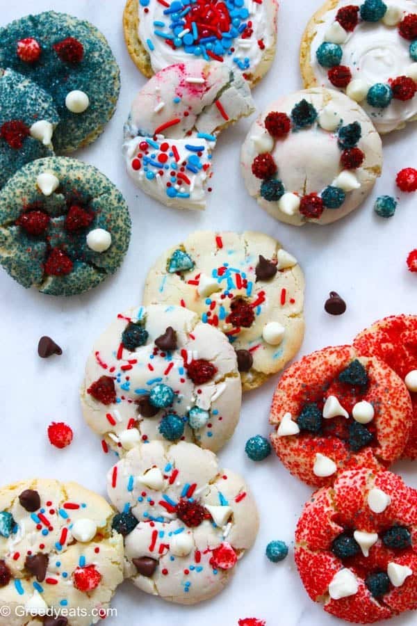 4th of july cookies with cake mix, red and blue sugar dust and chocolate chips