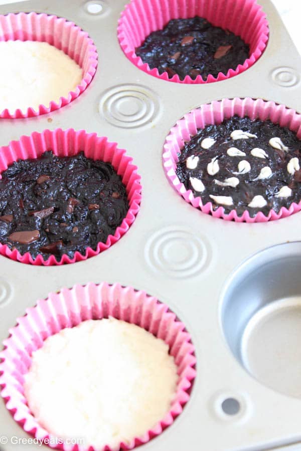 Brownie cupcake recipe process with cheese swirl