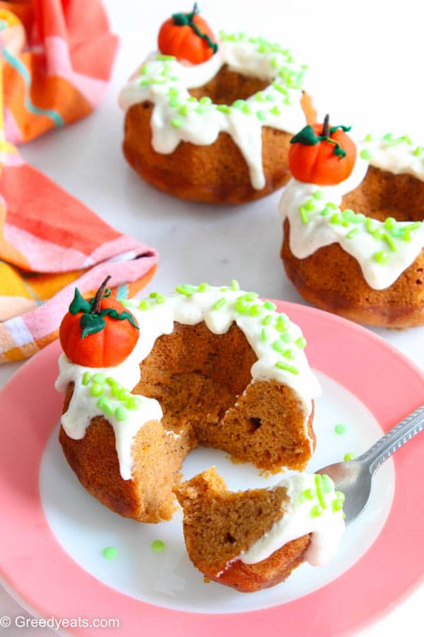 Moist and loaded with fall flavors, mini Pumpkin Bundt Cakes on a pink plate.