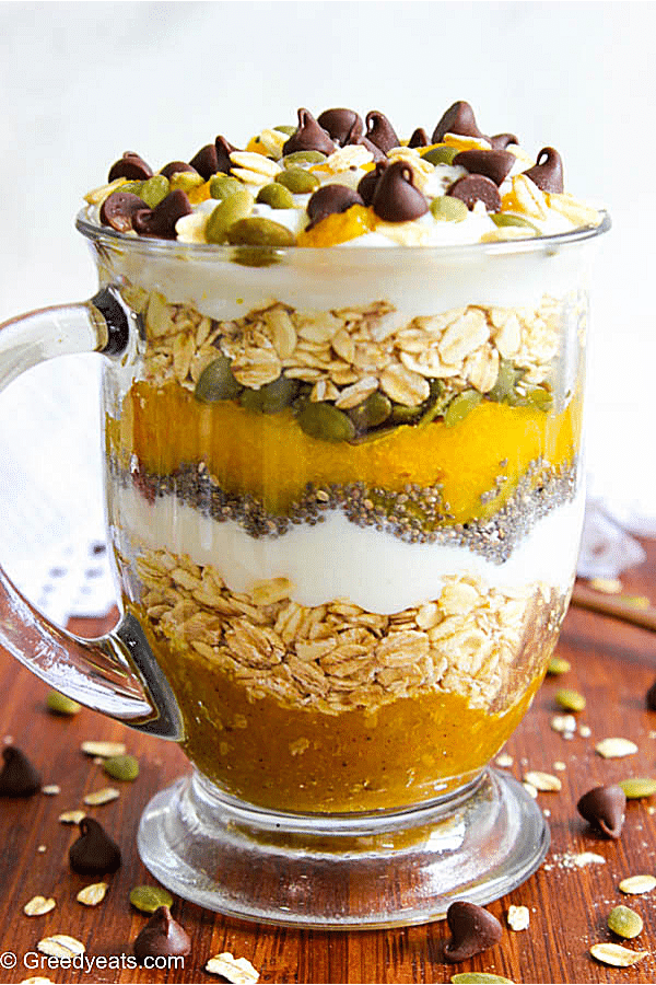 Pumpkin pie overnight oats with chocolate chips, coconut and seeds