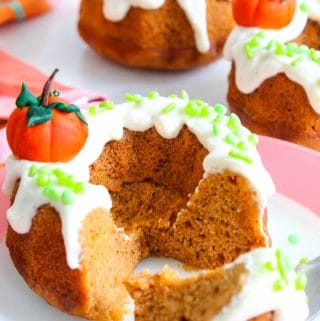 Mini pumpkin bundt cake recipe with cream cheese icing in mini bundt cake pan