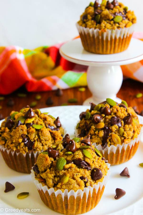 Whole grain pumpkin applesauce muffins with chocolate chips