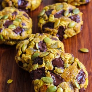 Thick and chewy oatmeal pumpkin cookies with chocolate chunks