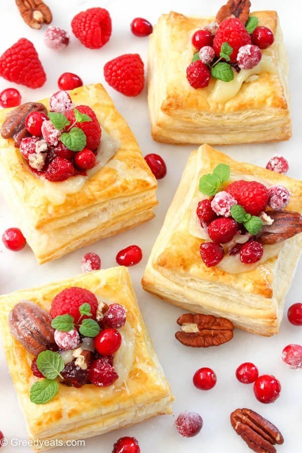 Cranberry brie puff pastry squares with candied pecans