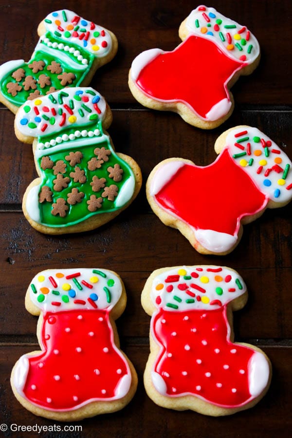 Stocking cookies with easy sugar icing, they are my easy to decorate small batch sugar cookies!