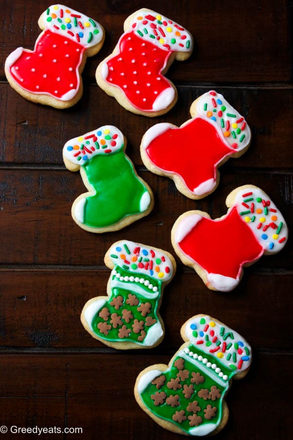 small batch sugar cookies with easy sugar icing, without meringue powder. These are my decorated christmas stocking cookies.