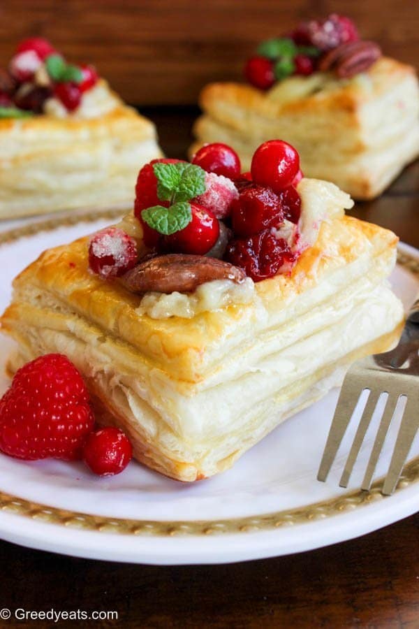 Cranberry brie puff pastry squares recipe for holiday entertaining