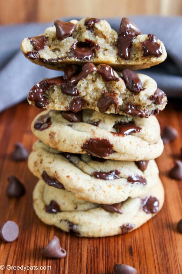 Stack of super thick and chewy small batch chocolate chip cookie recipe with soft baked interiors and melty chocolate chips.