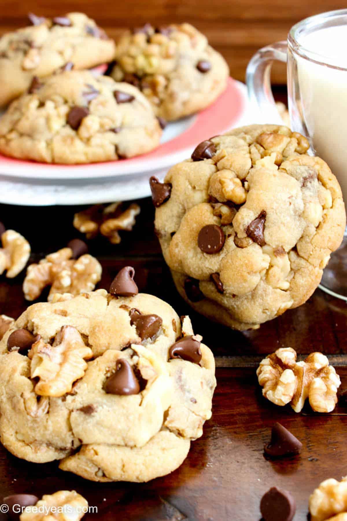 Soft, thick and fluffy Chocolate Chip Cookies with toasted walnuts and melty chocolate chips.