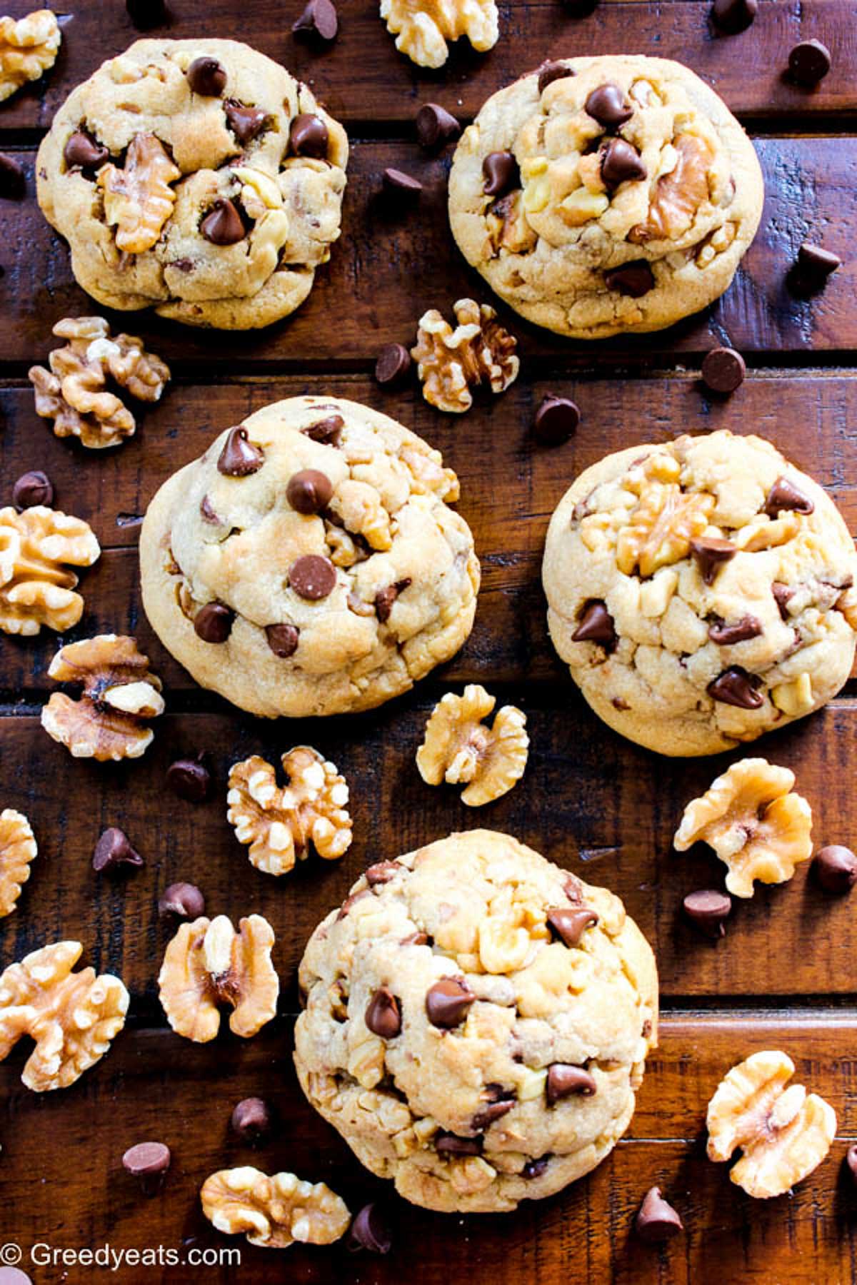 Soft and thick Chocolate Chip Cookies with toasted walnuts and lots of chocolate chips.