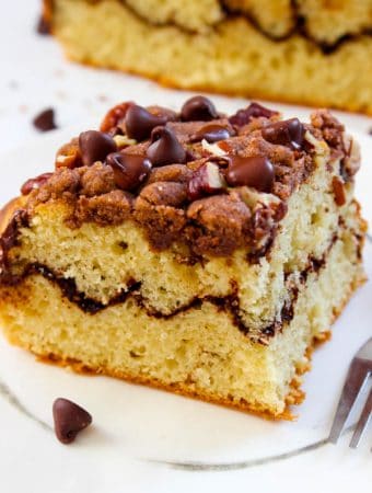 Best cinnamon coffee cake recipe ever! Topped with a thick cinnamon crumb, chocolate chips and pecans. The cinnamon crumb is to die for rich, buttery and is scented with a hint of ginger.