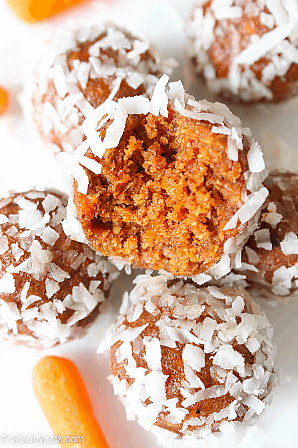 Close up texture of moist and chewy, easy and quick Energy Bites flavored with carrot cake.