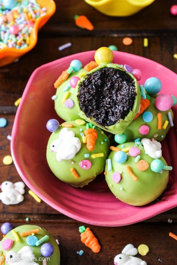 Chocolate easter cake pops with easter sprinkles are perfect spring time dessert for easter holiday or as an easter gift