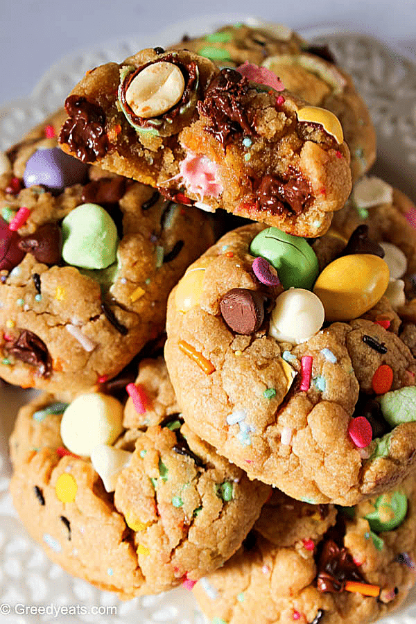 Soft chewy chocolate chip cookies with m&m eggs for Easter