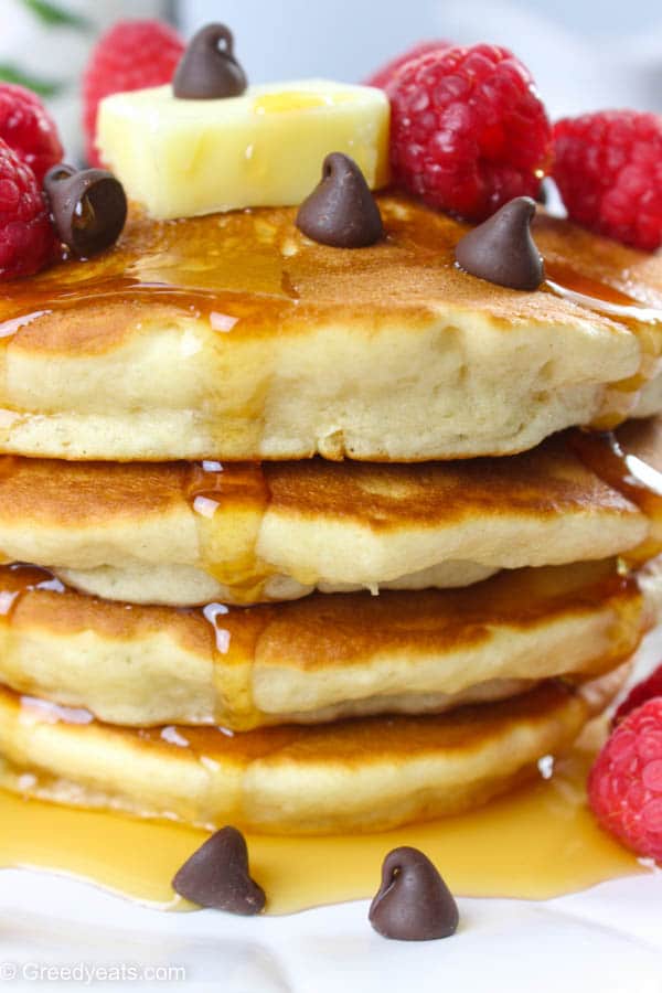 Quick and easy pancakes recipe made with simple ingredients and yields super thick stack of pancakes