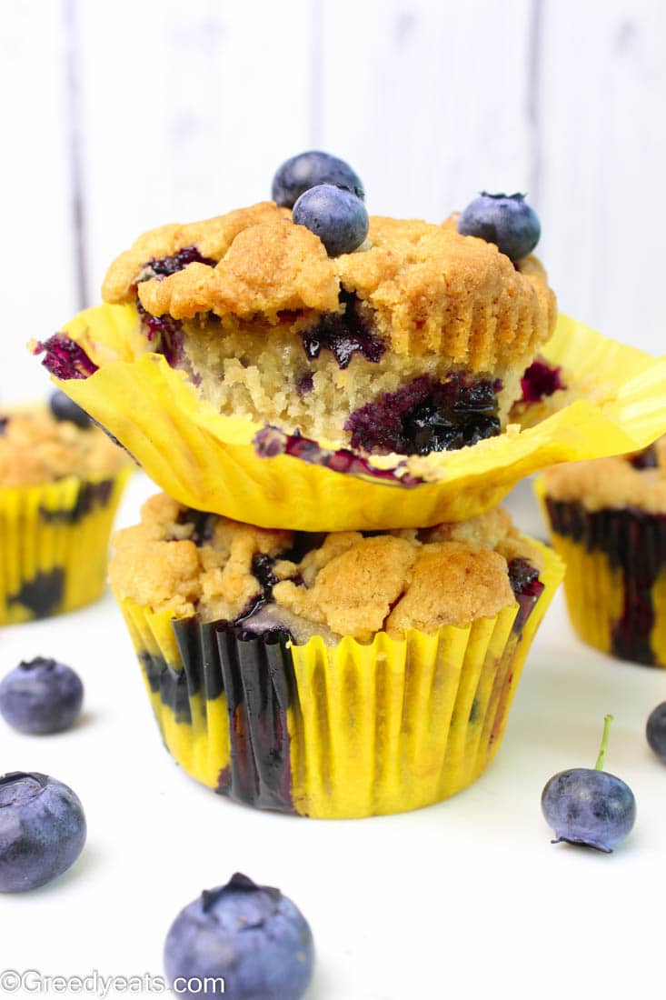 You may use fresh berries when in season and replace with frozen berries (if not) when you crave these banana blueberry muffins with crumb topping