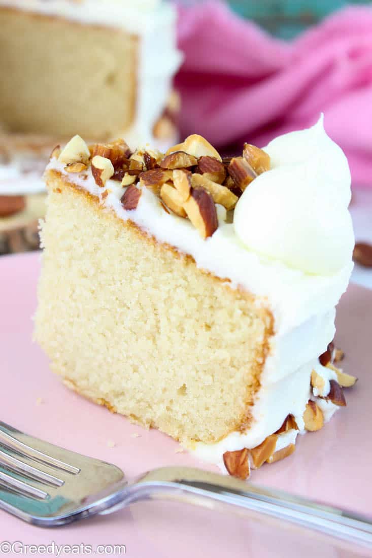 How to make almond cake recipe in one bowl, frosted with almond cream cheese frosting