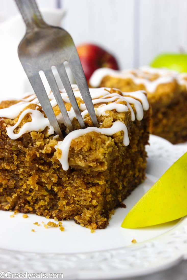 Easy apple spice cake is one of my favorite fall breakfast. So much easier to bake than muffins and stays moist for days!