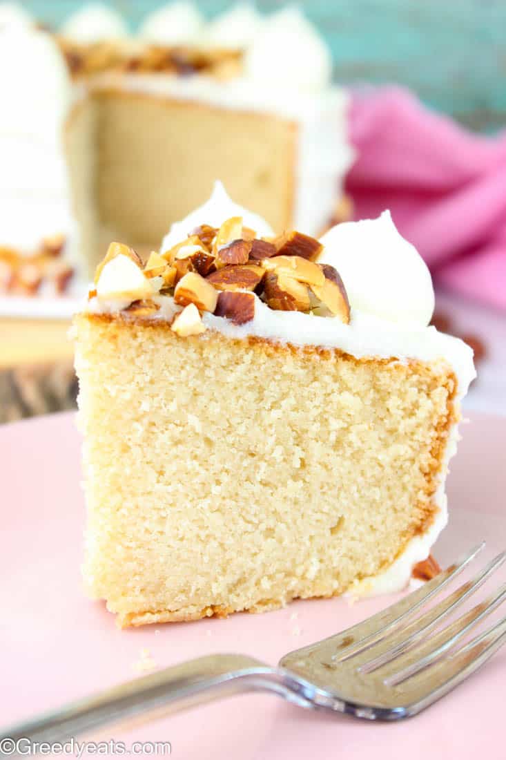 Tender and buttery almond cake with balanced almond flavors topped with sweet almond cream cheese frosting!