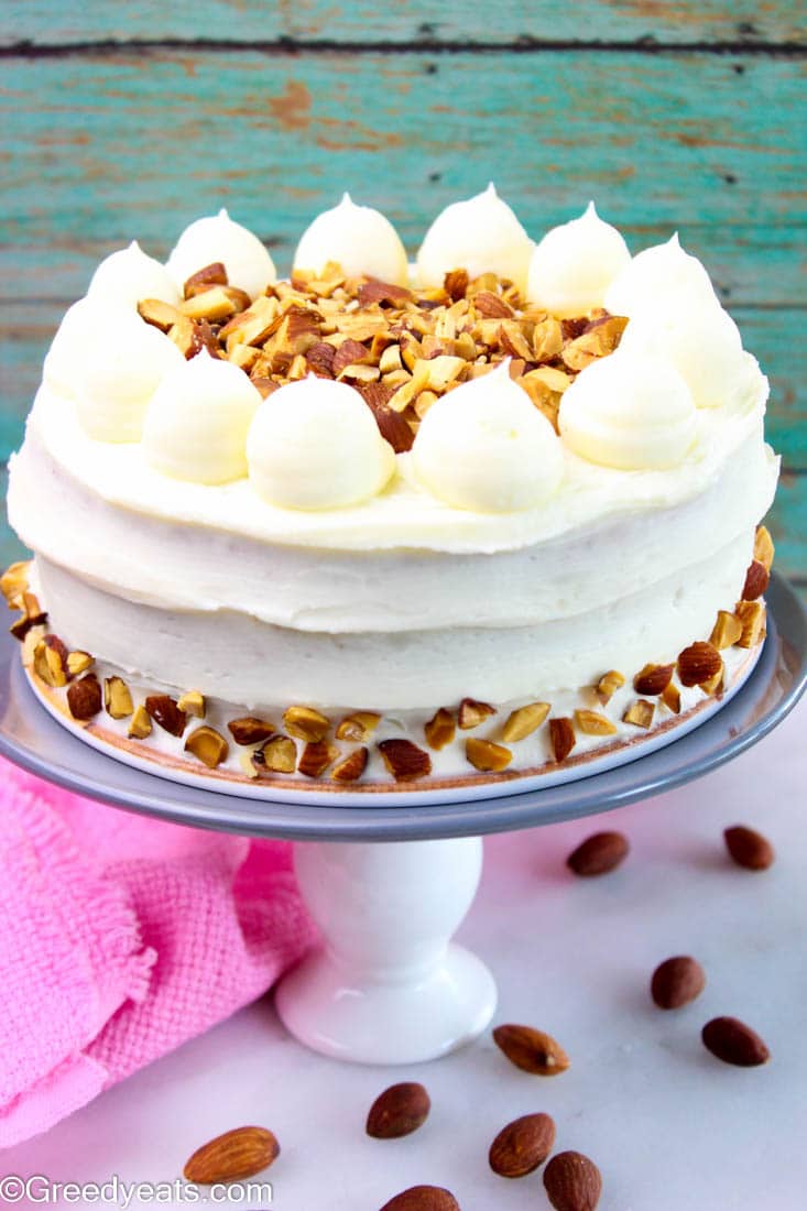 Learn how to make Almond Cake with Almond Cream Cheese Frosting on Greedyeats.com