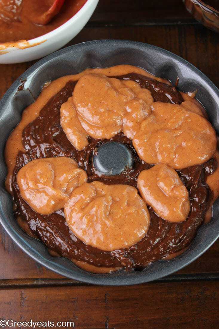 Sweet potato and chocolate cake batter layered in a 6 inch Wilton bundt pan.