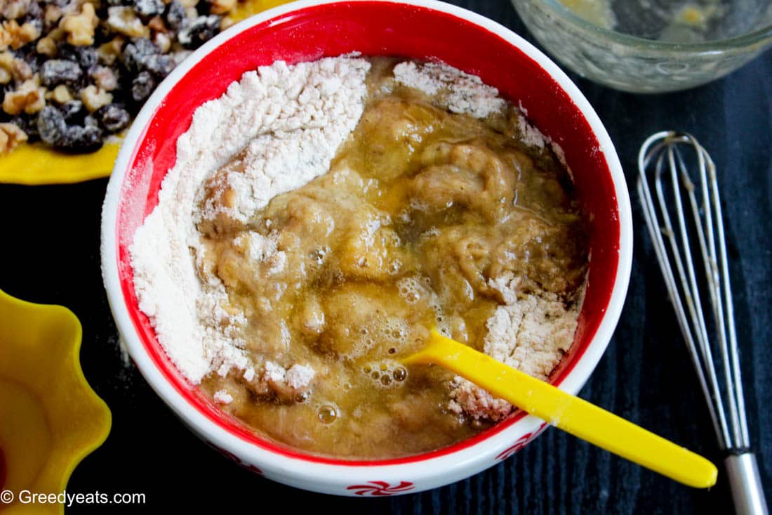 Dry and wet ingredients in a mixing bowl.