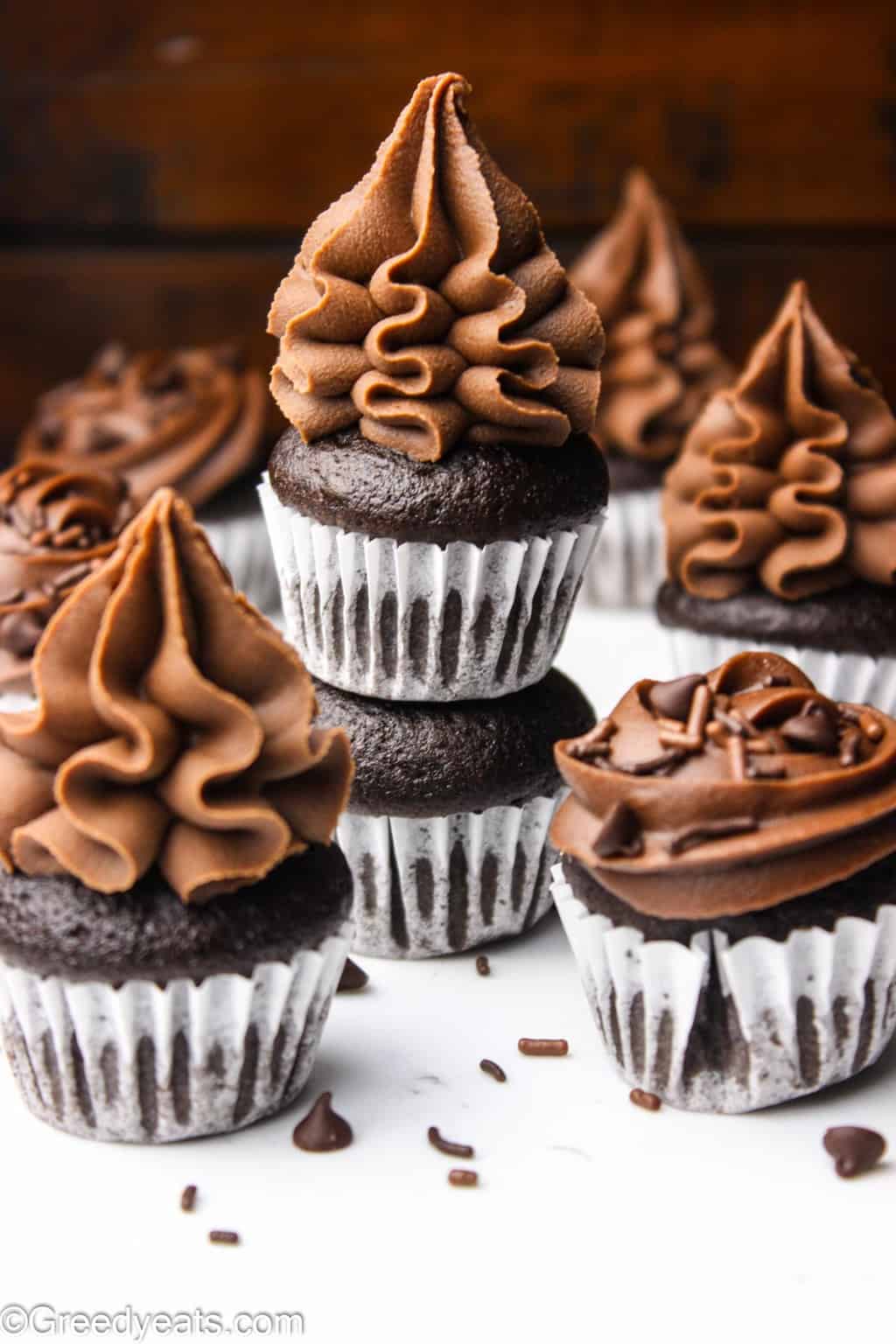 Moist decadent and rich mini chocolate cupcakes topped with easy chocolate frosting!