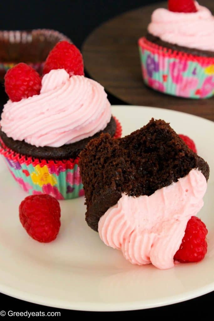 Vegan chocolate cupcake recipe with raspberry frosting