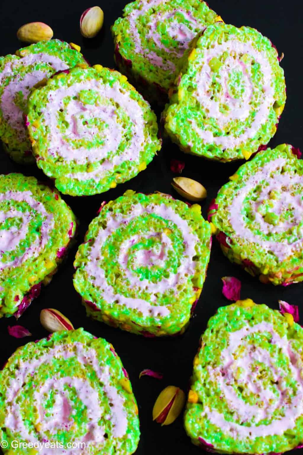 Rice Krispie Roll ups flavored with pistachios and rose marshmallow fluff.