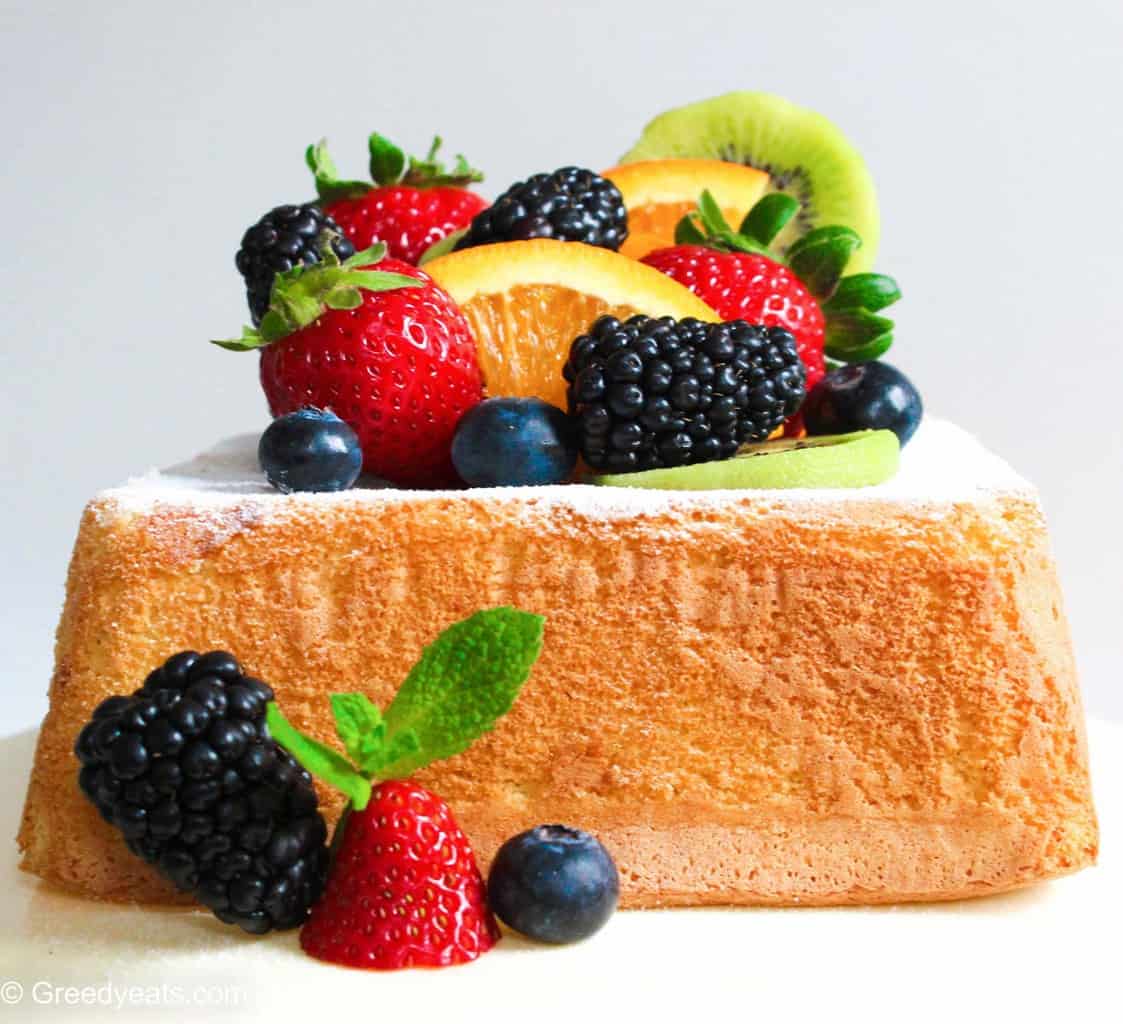 Easy and small batch Lemon Cake baked in 6 inches square pan, topped with fresh fruits.