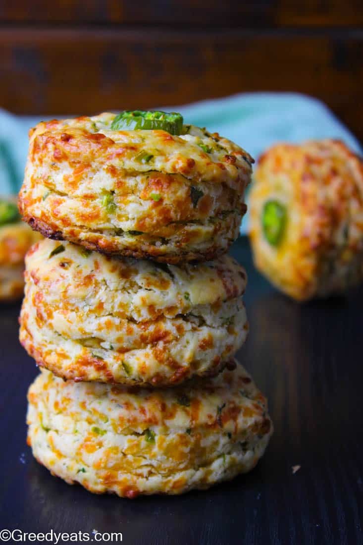 Golden and flaky, rich and cheesy Jalapeno Cheddar Biscuits recipe on Greedyeats.com