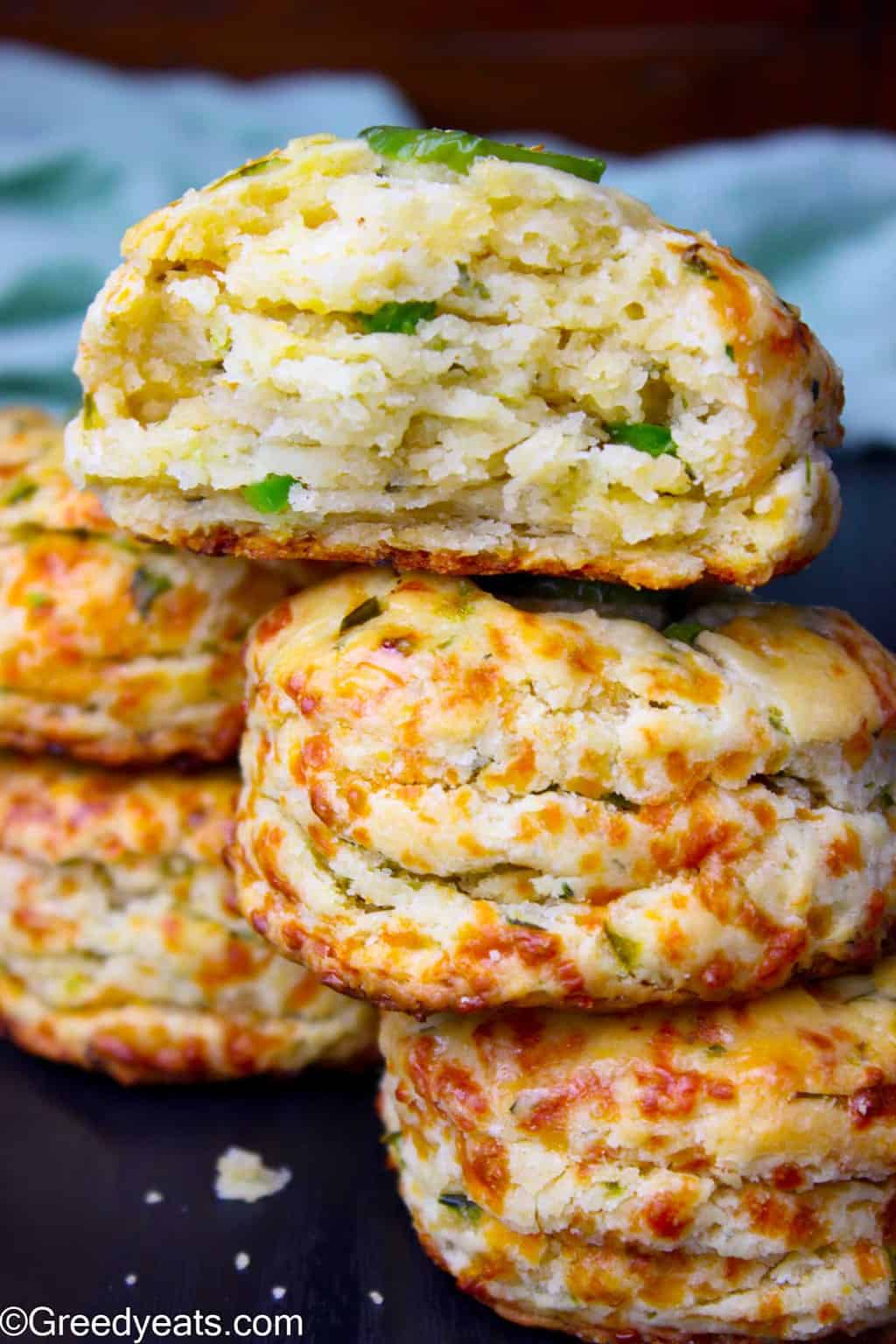 Homemade Jalapeno Cheddar Biscuits recipe that produces flakiest biscuits around. Recipe on Greedy Eats!