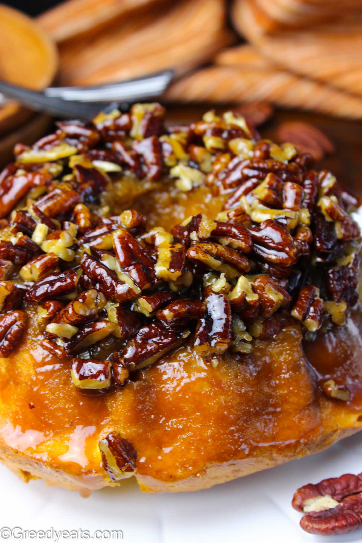 Pecan Upside Down Cake with sticky, sweet and salty pecan pie filling on top.