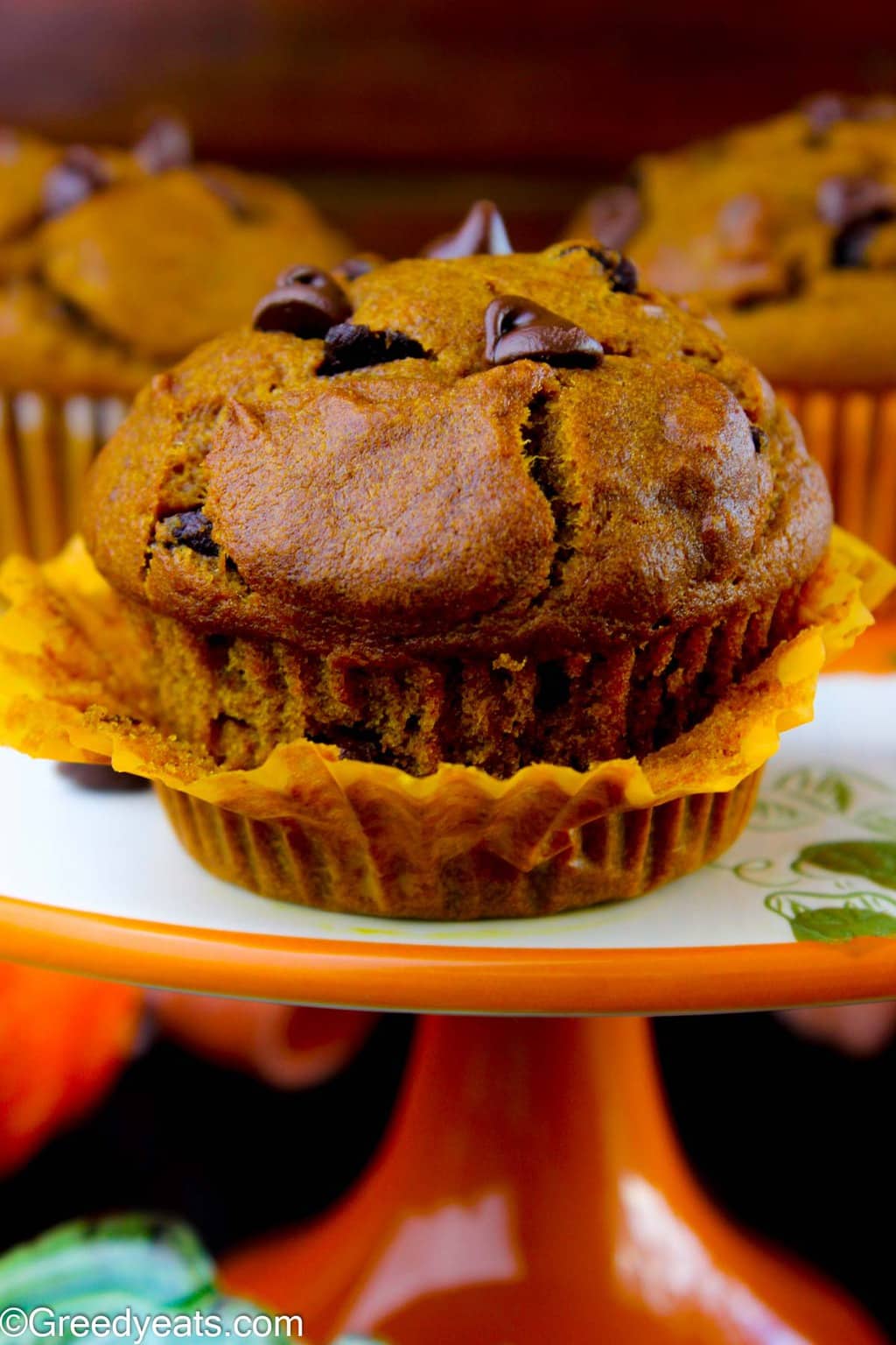 Tall and easy Pumpkin Chocolate Chip Muffins Recipe with melty chocolate chips throughout.