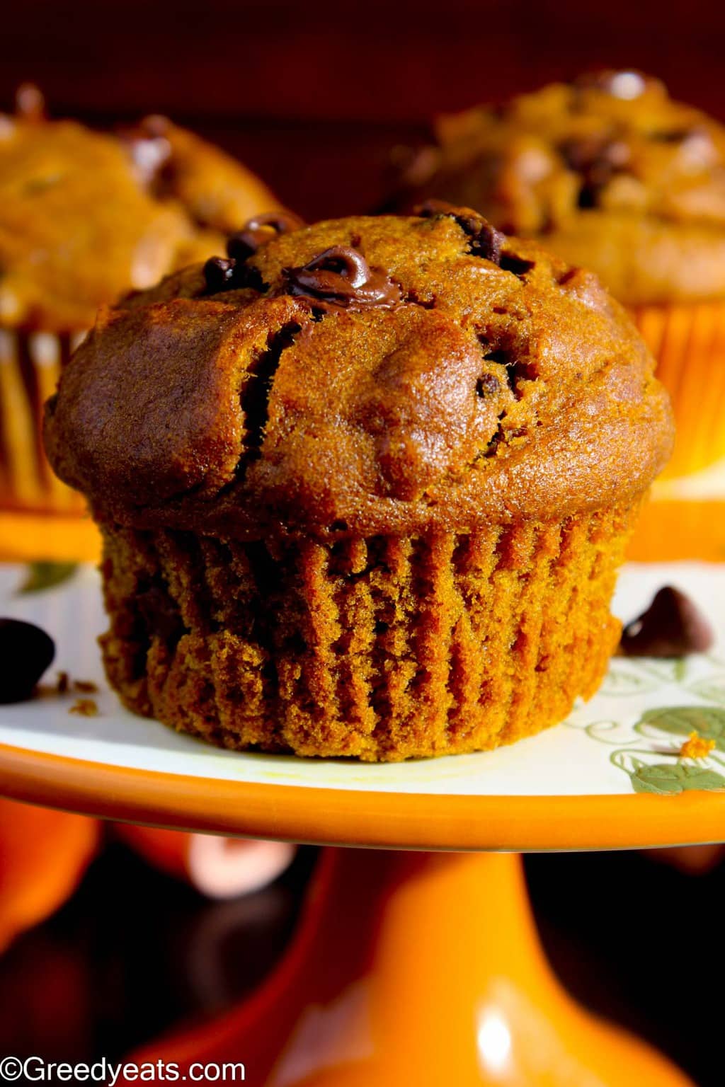 Tall, fluffy and moist Pumpkin Muffins with chocolate chips unwrapped and kept on cake stand.