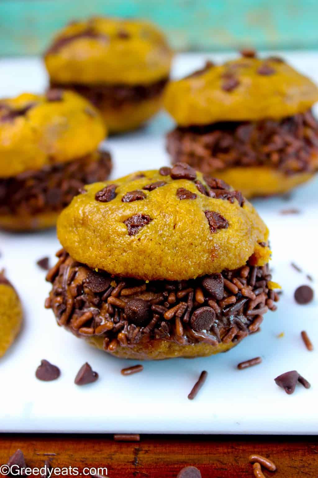 Homemade Ice Cream Cookie Sandwiches made with soft peanut butter cookies and chocolate ice cream.