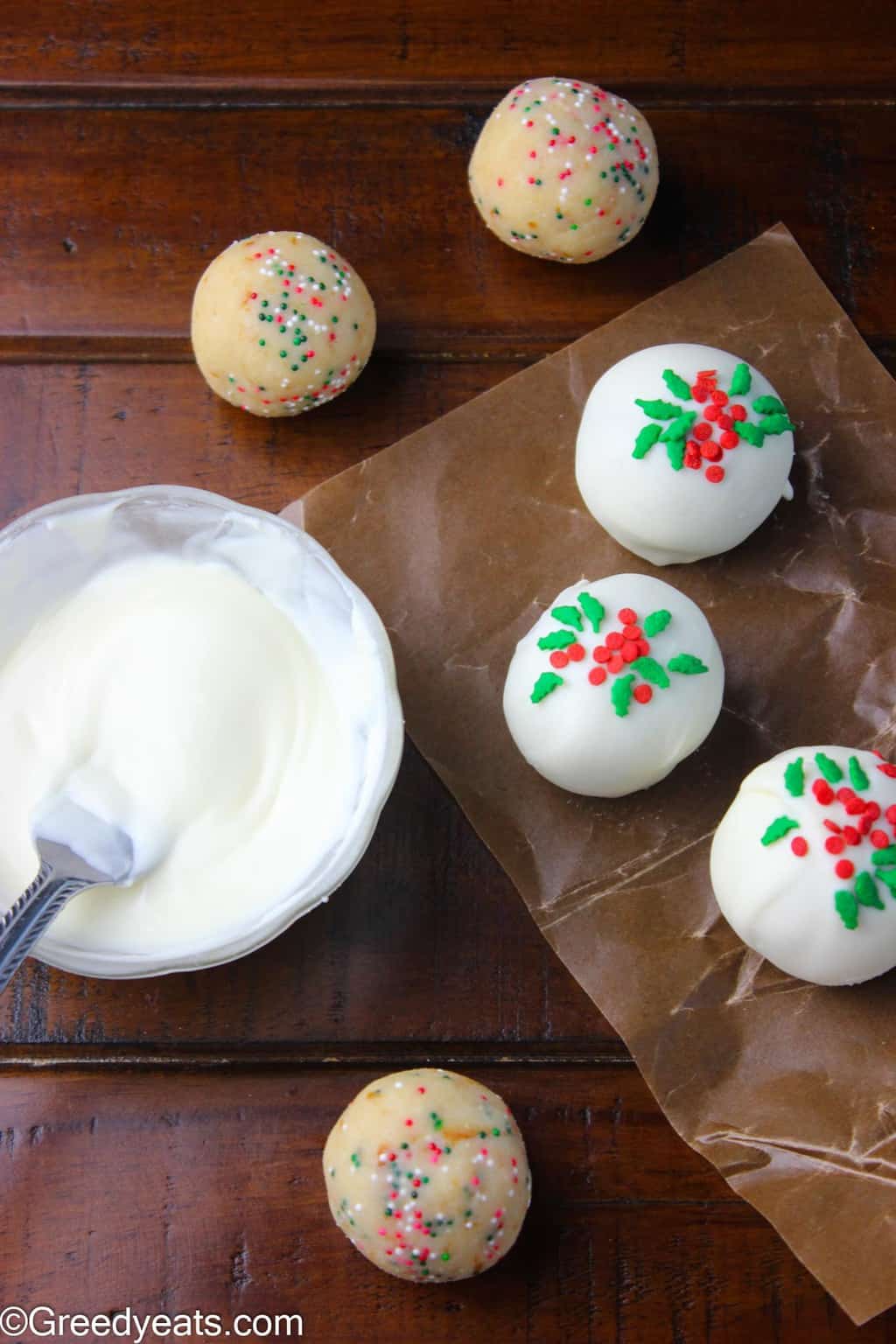 Dipped in white chocolate, topped with Christmas Sprinkles my Sugar Cookie Truffles is an easy no bake recipe.