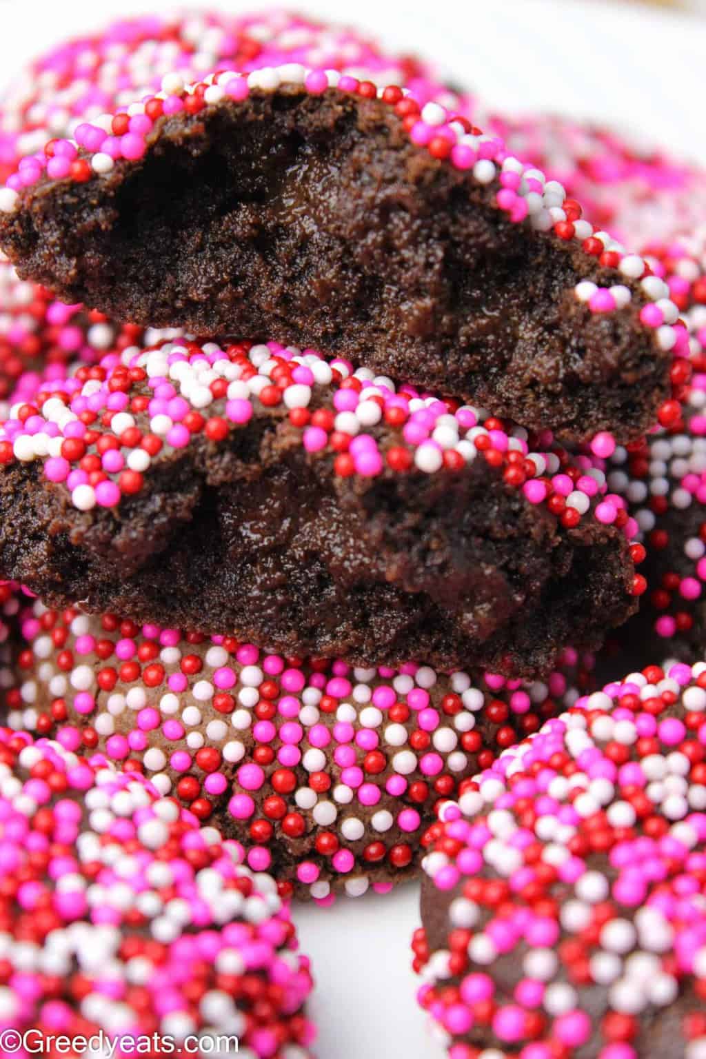 Decadent, soft in the center and thick chocolate cookies with a slight crunch from Valentines Sprinkles.