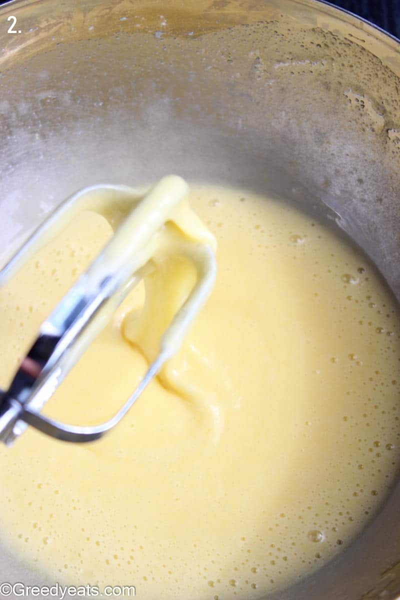 Creamy Egg, butter and sugar mixture for brownie batter.