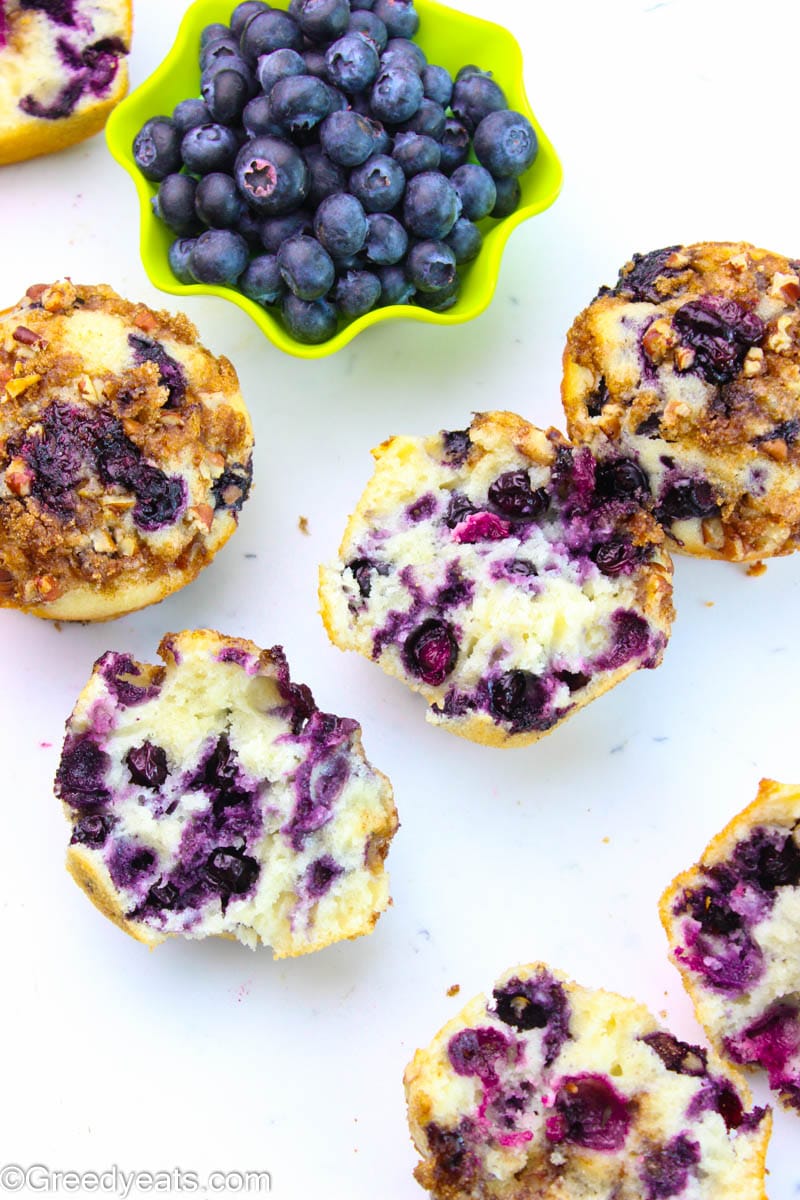 Blueberry Muffins halves revealing their soft, moist and fluffy texture.