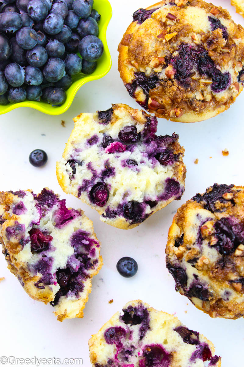 Classic Bakery Style Blueberry Muffins' texture shot with easy crumb topping!
