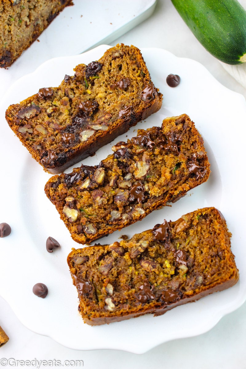 Slices of moist snd flavorful Zucchini Banana Bread made with healthy ingredients.