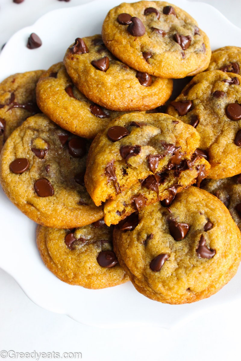 Freshly baked homemade Chocolate Chip Cookies with crispy edges and soft centers.