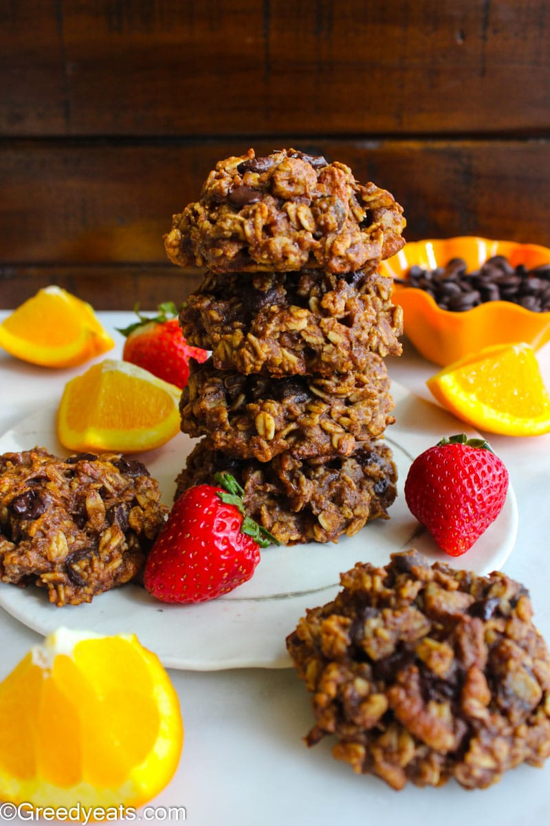 Thick, chewy and easy Breakfast Cookies stack made with healthy ingredients.